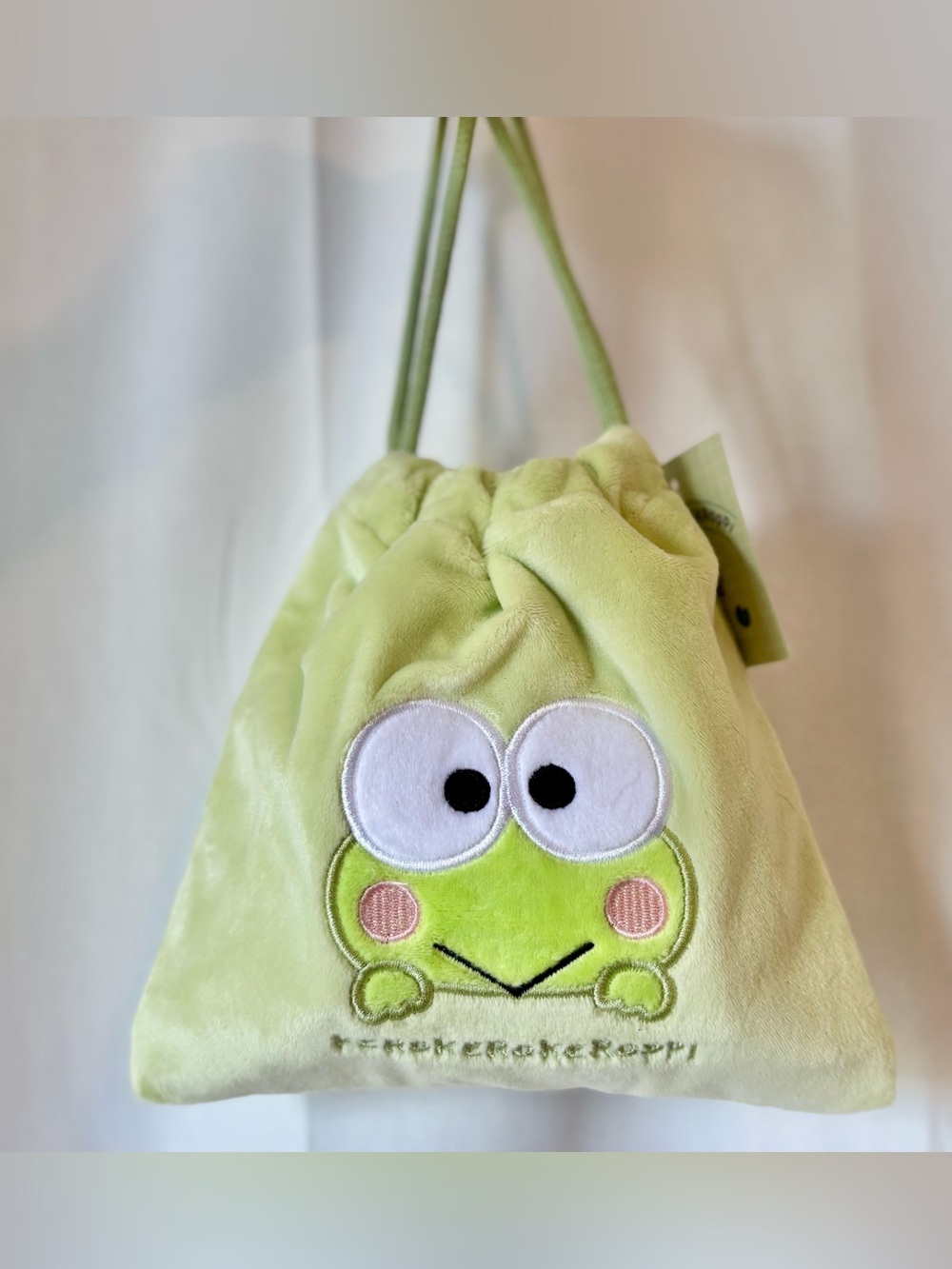 Kero Keroppi Soft Green Plush Drawstring Bag NWT Sanrio Japan Exclusive